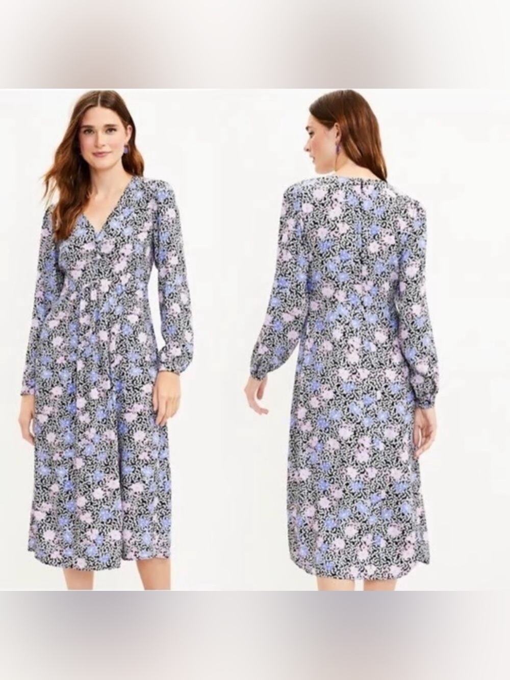 LOFT Blue and Pink Floral V-Neck Midi Dress